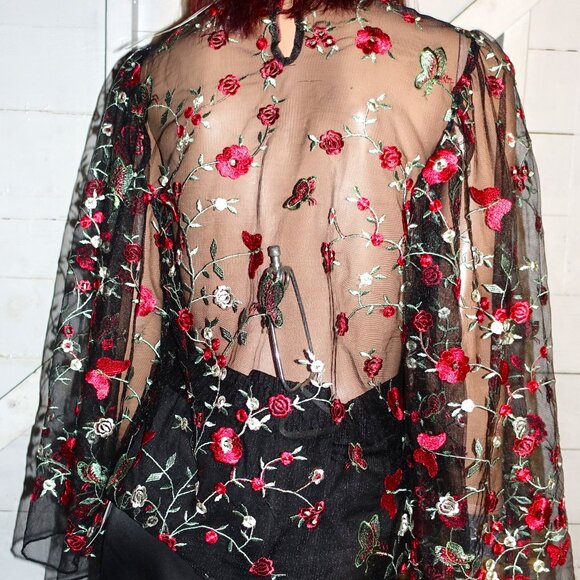 Rose Collection Black Sheer Floral Blouse M NWT - Picture 6 of 8